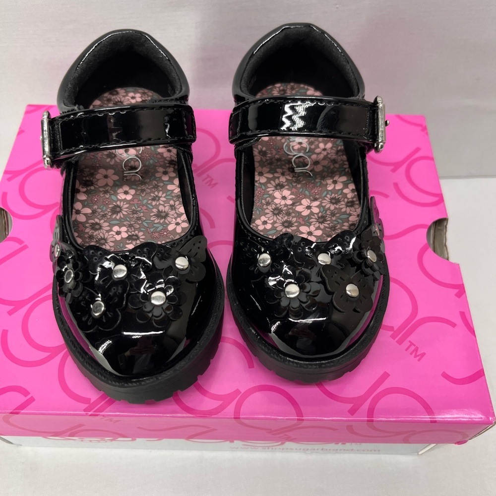Sugar Black Kids Dress Shoes with Floral Accents‎